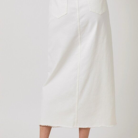 MYSTREE White Denim Maxi Skirt, Front Slit, Raw Hem - Picture 3 of 6